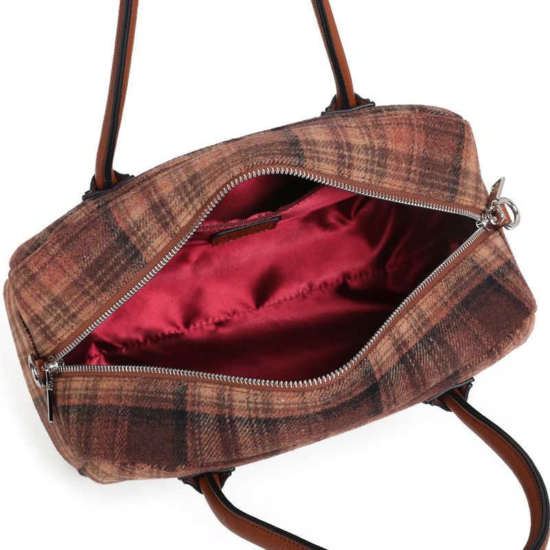 KARINE rutet bowler bag i filt og imitert skinn cognac