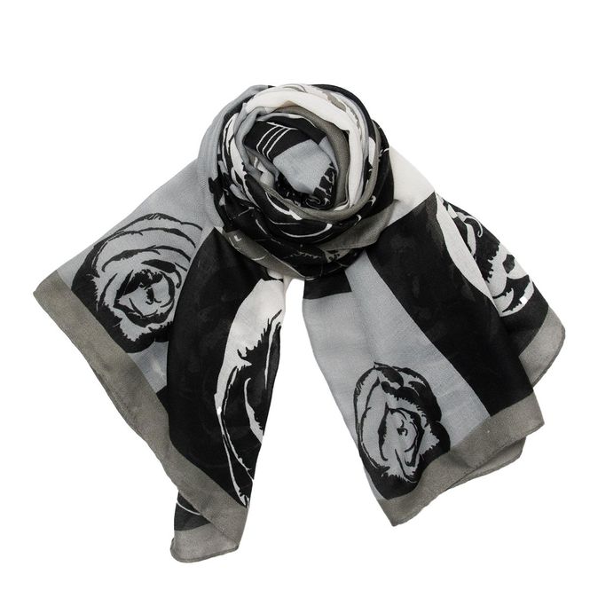 Huvudbild Sjal i viskos - grått och svart med rosor